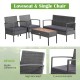Rattan patio conversation set featuring a loveseat, two single chairs, and an acacia wood coffee table for outdoor.