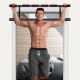 Foldable pull-up bar with foam grip, shown in use for chin-ups, designed for home gym convenience and easy storage.