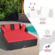 Spacious outdoor rattan daybed with red upholstered cushions, featuring a stable design and weather resistance for.