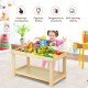 Multifunctional kids activity play table made of natural pine wood, featuring a removable tabletop and ample storage.