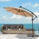 10 ft solar-powered LED patio offset umbrella in beige, featuring 32 lights and 360° rotation for optimal shade.