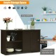 Kitchen storage cabinet with wood sliding door, spacious top, and two shelves, perfect for kitchen or dining room use.