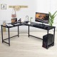 L-shaped black corner computer desk with spacious countertop, adjustable footpads, and separate CPU stand for versatile.