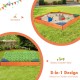Kids outdoor wooden sandbox with built-in corner seating, made of cedar and pine, perfect for play and gardening.