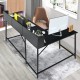 L-shaped black computer desk with bookshelf, featuring a large workspace and modern design for efficient organization.