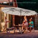 Double-sided 15-foot beige patio umbrella with 48 solar LED lights, perfect for outdoor gatherings and shade.