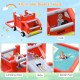 Fire truck-themed inflatable bounce house with cab, slide, and splash pool for kids' outdoor fun and role play.