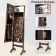 Standing jewelry cabinet with full length mirror in brown, featuring lockable door, makeup mirror, and ample storage.