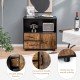 Kitchen storage buffet sideboard in black with rustic brown finish, featuring drawers, cabinet, and open shelf for.