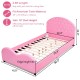 Pink twin size upholstered toddler bed with wood support slats, safe 10" height, ideal for kids' comfort and.