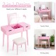 Pink makeup vanity table set with flip-top mirror, 2 drawers, and padded stool for versatile bedroom use.