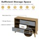 Free-standing storage cabinet with 2 doors and 3 drawers, featuring a wide top and adjustable shelf for versatile.
