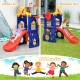 Freestanding 6-in-1 kids slide with basketball hoop, designed for indoor and outdoor use, made of non-toxic HDPE.