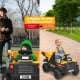 Kids ride-on dump truck in yellow with electric bucket, remote control, and rechargeable 12V battery for outdoor fun.