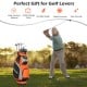 Golf stand bag in orange with 14 way dividers and 7 zippered pockets, designed for easy carrying and ample storage.