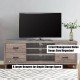 Retro wooden TV stand featuring 3 open shelves, 4 large drawers, and cable management holes for organized storage.
