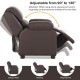 Kids recliner armchair in brown PU leather, adjustable from 90° to 130°, with storage armrest for snacks and books.
