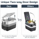 58 Quart Portable Electric Camping Car Cooler with unique two-way door design, ideal for outdoor use and easy access.