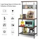 4-tier kitchen rack stand with wooden boards and mesh panel, featuring 11 hooks for hanging, ideal for organized.