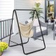 Hanging padded hammock chair with stand in beige, featuring a sturdy steel frame for indoor or outdoor relaxation.