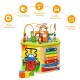 Multifunctional 7-in-1 wooden activity cube toy with colorful designs, promoting shape recognition and cognitive skills.