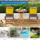 Folding wooden bistro set with cushioned navy chairs and a round table, perfect for outdoor patio or garden use.