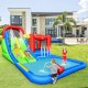 Inflatable water slide with climbing wall, basketball hoop, and splash pool for kids' outdoor summer fun.