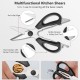 Multifunctional kitchen shears with anti-slip edge, bottle opener, and nut cracker for versatile kitchen tasks.