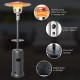 Outdoor propane heater with table and wheels, 87" tall, 48,000 BTU, designed for patio warmth and stability.