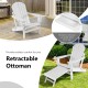 Folding Adirondack chair in white with retractable ottoman, made of HDPE for outdoor comfort and durability.