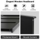 Flat panel black wooden headboard with round corners, pre-drilled holes, and height adjustment for full-size bed frames.