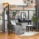 Twin loft bed frame in black with full-length guardrails and two ladders, featuring spacious under-bed storage.