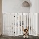 Freestanding 36-inch white wooden pet gate with flexible hinges, perfect for small to medium dogs in various spaces.