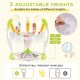 Baby activity center with adjustable heights, 360° rotating seat, and interactive toys for fun and development.