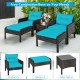 Turquoise cushioned rattan sofa set with 2 armchairs, 2 ottomans, and a glass-top coffee table for outdoor relaxation.