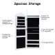 Wall-mounted mirrored jewelry armoire with 23 hooks, 72 ring slots, and 3 storage shelves for organized jewelry storage.
