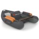 Inflatable fishing float tube in gray with storage pockets, fish ruler, and adjustable backrest for comfortable fishing.
