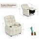 Beige kids recliner chair with cup holders, featuring dimensions for cozy holiday relaxation and comfort.