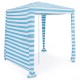 Foldable 6.6 x 6.6 feet beach canopy in blue stripes, made of waterproof polyester, ideal for outdoor shade and privacy.