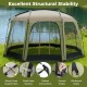 Netted canopy tent for 6-8 people with zippered door, featuring robust metal poles and windproof ropes for stability.
