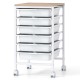 6-drawer rolling storage cart with white drawers and wooden tabletop, ideal for organizing office or craft supplies.