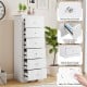 6-drawer chest dresser in white with smooth metal glides and elegant knobs, perfect for bedroom or living room storage.