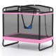 Kids trampoline with swing and horizontal bar in pink, featuring safety net and padded spring cover for indoor or.