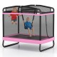 Kids playing on a 6 FT pink trampoline with swing and horizontal bar, designed for indoor or outdoor fun and safety.