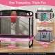 Kids trampoline with swing and horizontal bar in pink, promoting fun and physical development for indoor or outdoor.