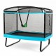 6 FT kids trampoline with swing and safety enclosure net, designed for bouncing and swinging fun in blue color.