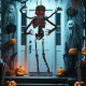 6-foot animated skeleton decoration with red LED eyes, 4 adjustable arms, and spooky sounds for Halloween fright.
