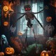 6-foot animated skeleton decoration with red LED eyes, 4 adjustable arms, and spooky sounds for Halloween displays.