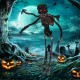 6-foot animated skeleton decoration sways eerily with red LED eyes and ghostly sounds for a terrifying Halloween.