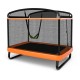 Kids trampoline with swing and safety fence in orange, featuring a sturdy frame and soft foam cushioning for safety.
